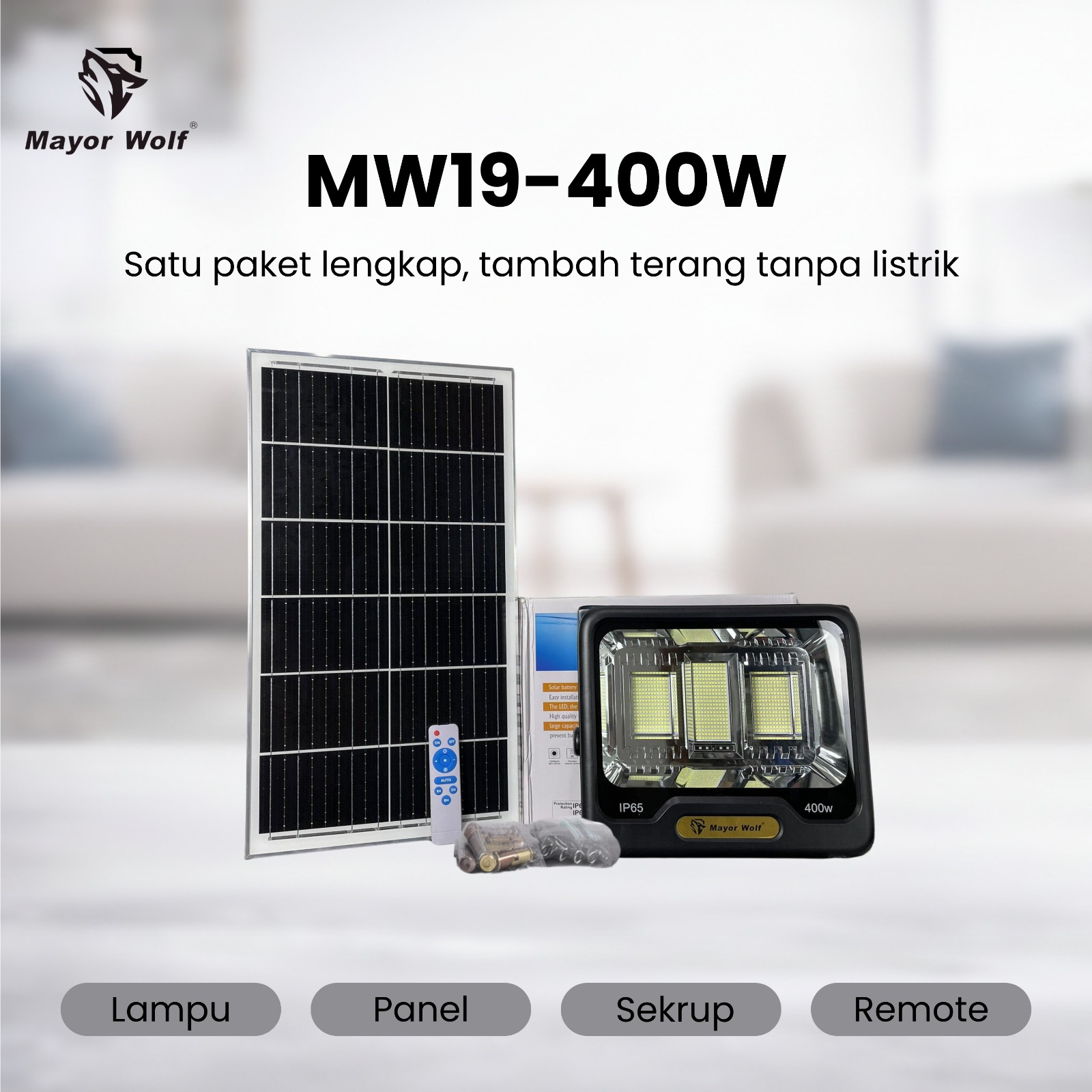 Lampu sorot tenaga surya Mayor Wolf untuk area parkir dan gudang