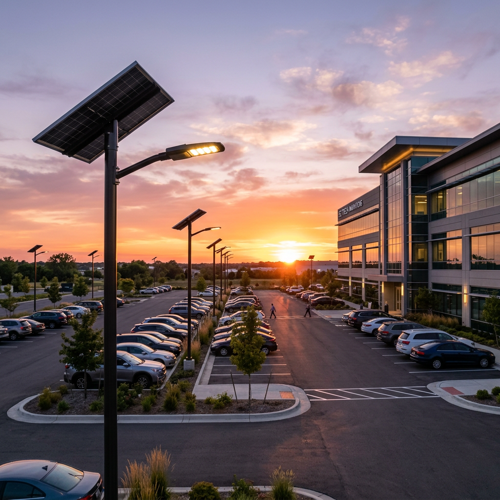 Solar-powered streetlights in the parking lot of a modern commercial building