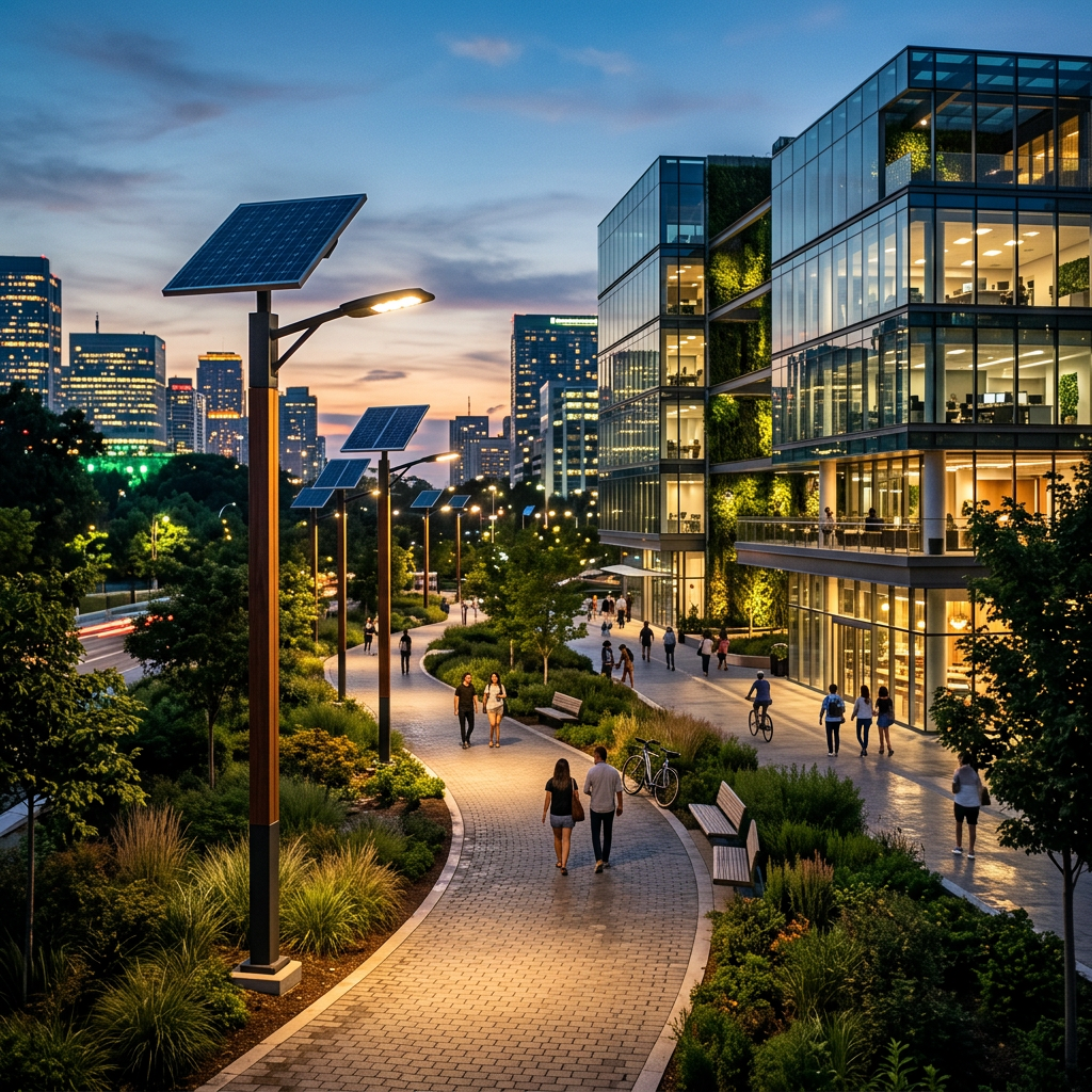 Solar lights illuminate the pedestrian path in the business district park