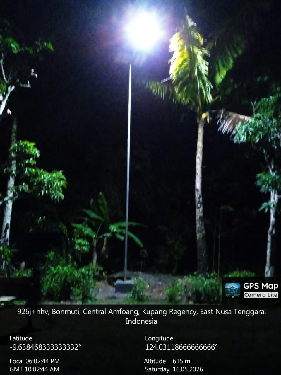 Lampu tenaga surya Mayor Wolf menyala pada area pepohonan