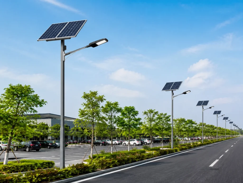 Solar-powered streetlights for road and parking lot projects in Indonesia